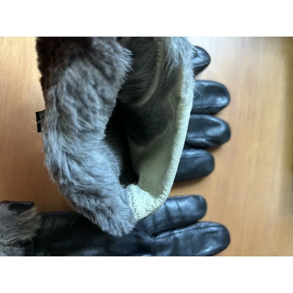 Leather Gloves Black Rabbit Fur Lined Women Large *Read